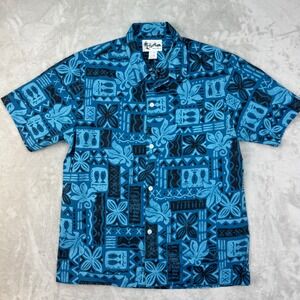 Vintage Howie Hawaiian Shirt Mens M Blue Aloha Tribal Tapa Print Made Hawaii